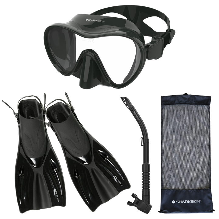 SHARKSKIN ADULT MASK, COMFORT SNORKEL & FIN SET WITH MESH BAG