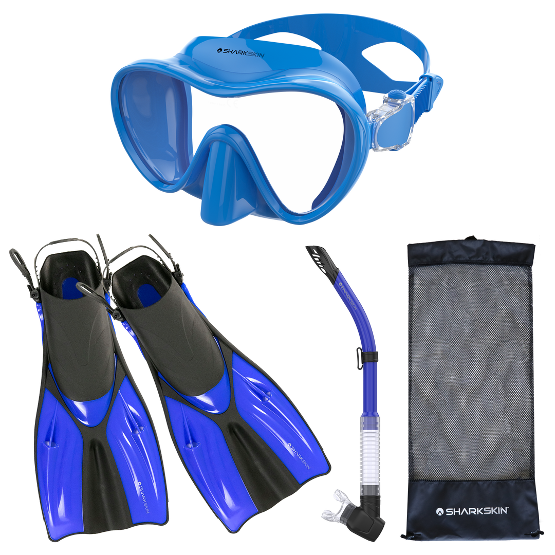 SHARKSKIN ADULT MASK, COMFORT SNORKEL & FIN SET WITH MESH BAG