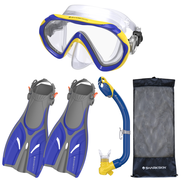 SHARKSKIN JUNIOR MASK, DRY SNORKEL FIN SET WITH MESH BAG