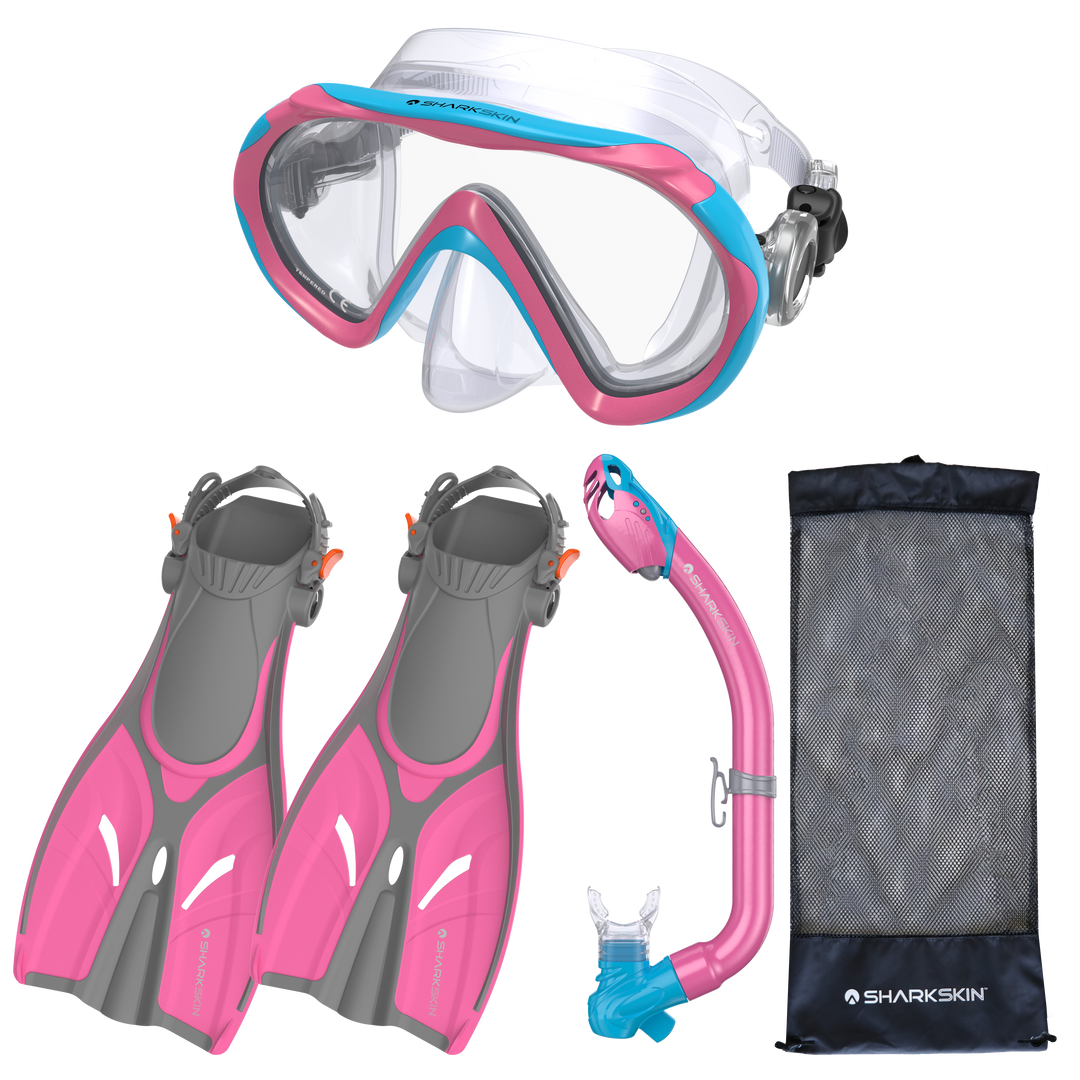 SHARKSKIN JUNIOR MASK, DRY SNORKEL FIN SET WITH MESH BAG
