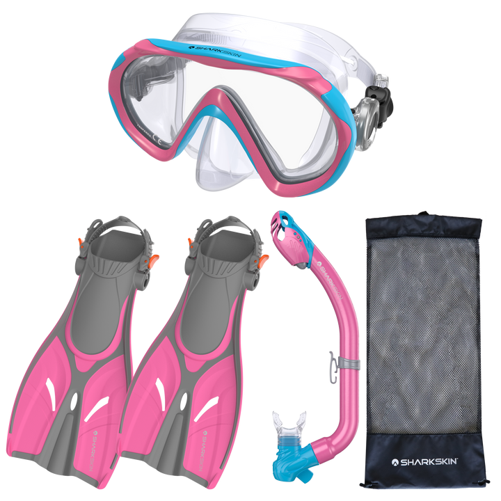 SHARKSKIN JUNIOR MASK, DRY SNORKEL FIN SET WITH MESH BAG