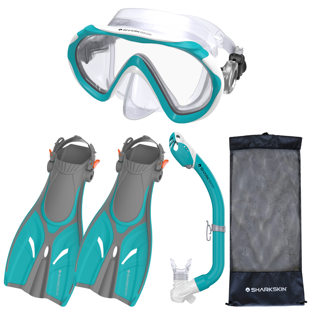 SHARKSKIN JUNIOR MASK, DRY SNORKEL FIN SET WITH MESH BAG