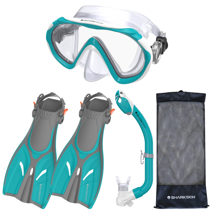 SHARKSKIN JUNIOR MASK, DRY SNORKEL FIN SET WITH MESH BAG